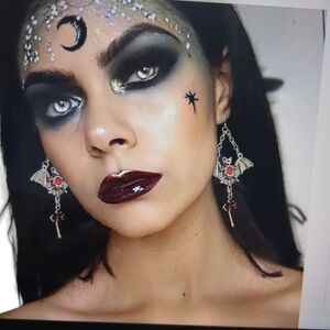 GOTHIC Style Silver Metallic and  Red Droplet Bat and Cross Earrings & N…